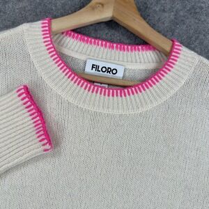 FILORO Sweater Womens Small White 100%‎ Cashmere Crewneck Contrast Trim Knit
